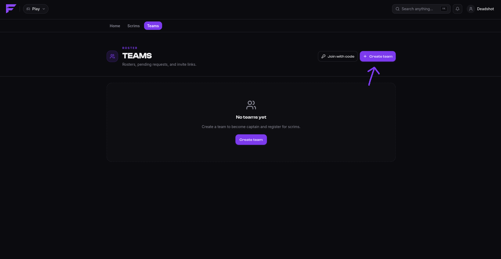 The Teams page, with the Create team button