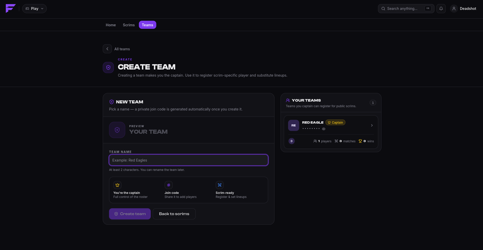 The Create team page