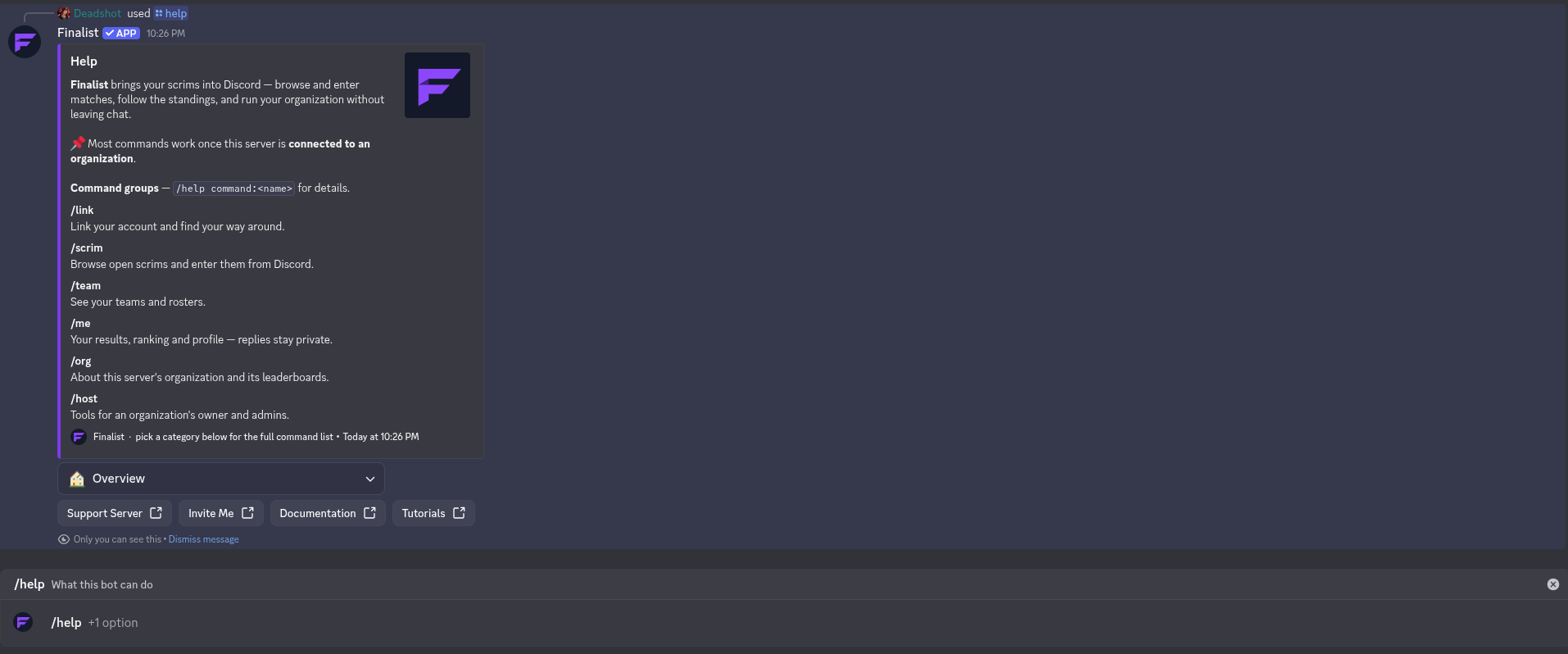 The /help landing embed
