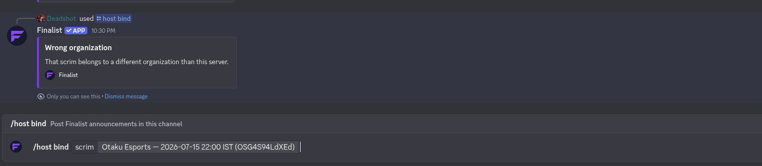 /host bind refusing a scrim from another organization