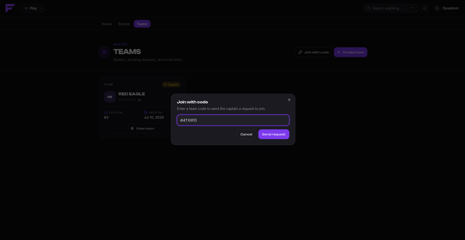 Sending a join request with a team code
