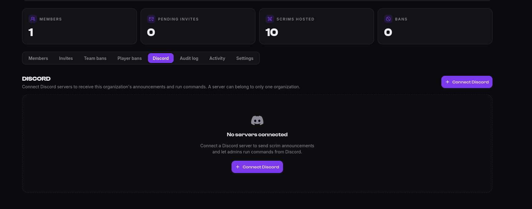 Settings → Discord, with no server connected yet