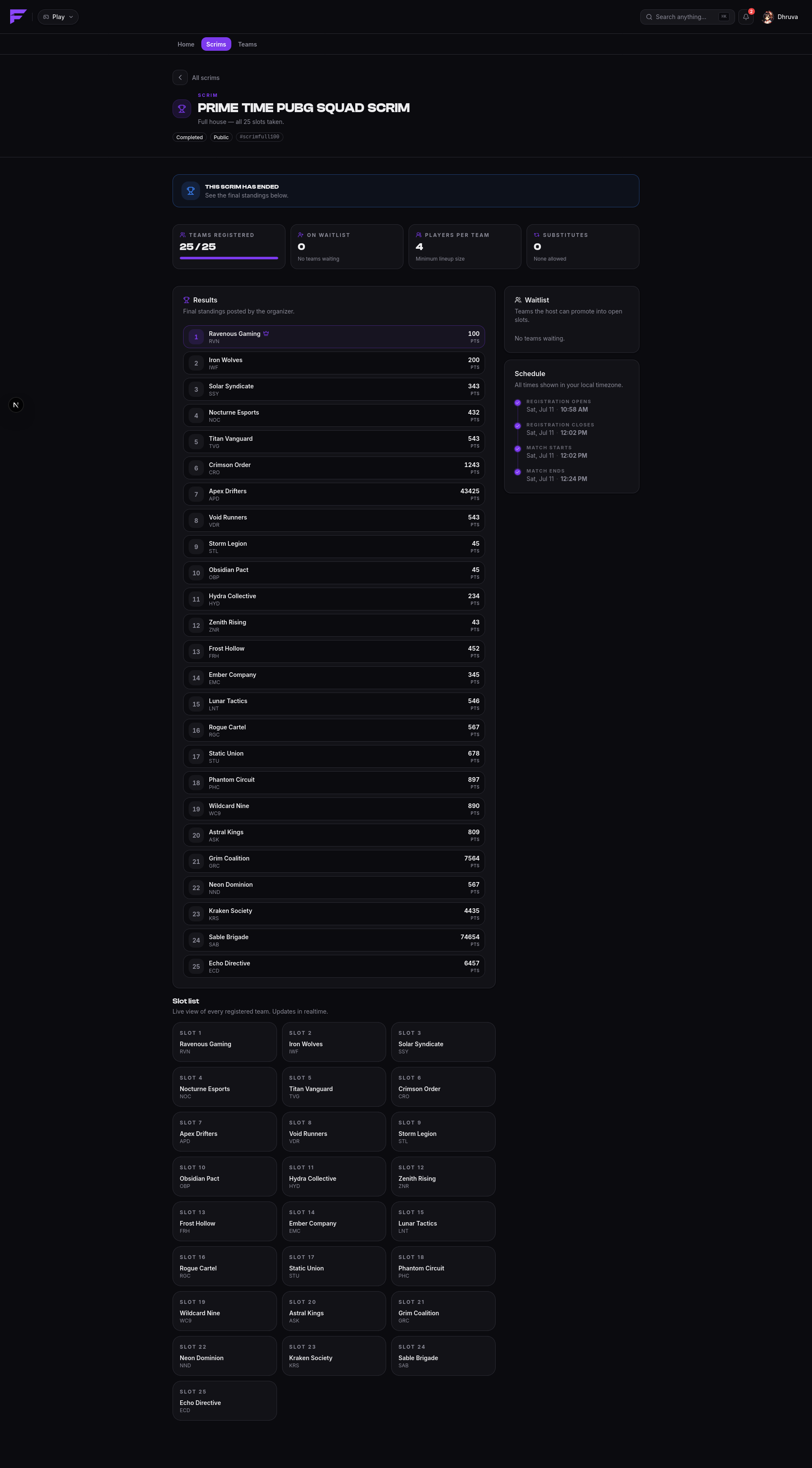 Declared results for a scrim