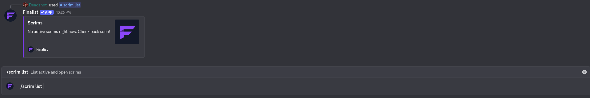 /scrim list when the organization has nothing running