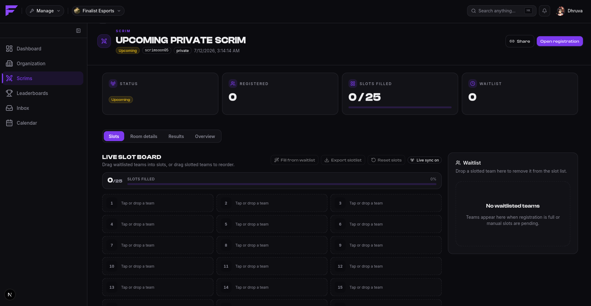 The scrim management page
