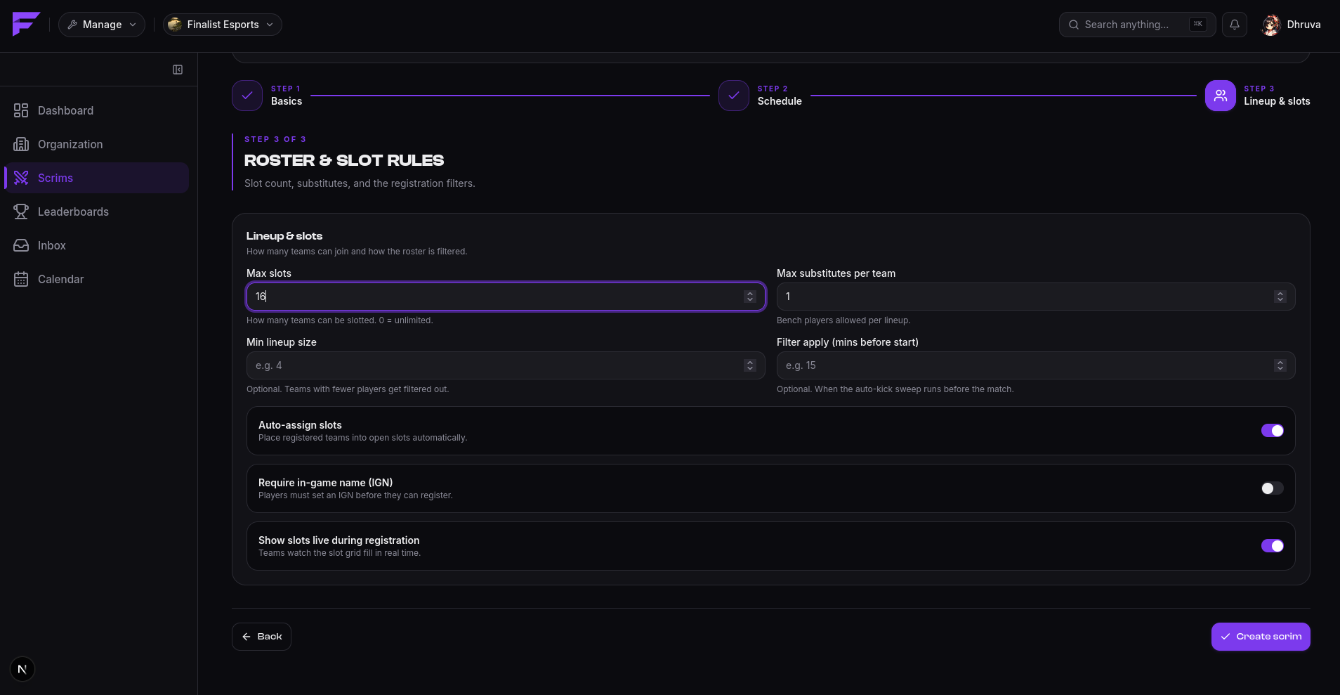 The lineup and slot rules, the last step of creation