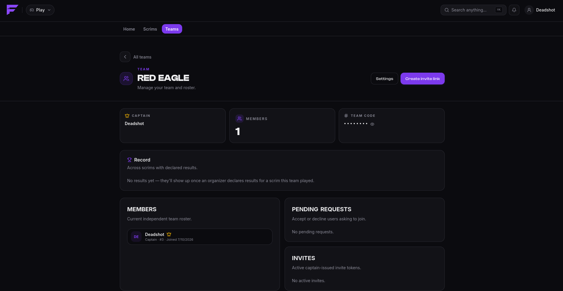 A team page, roster and team code